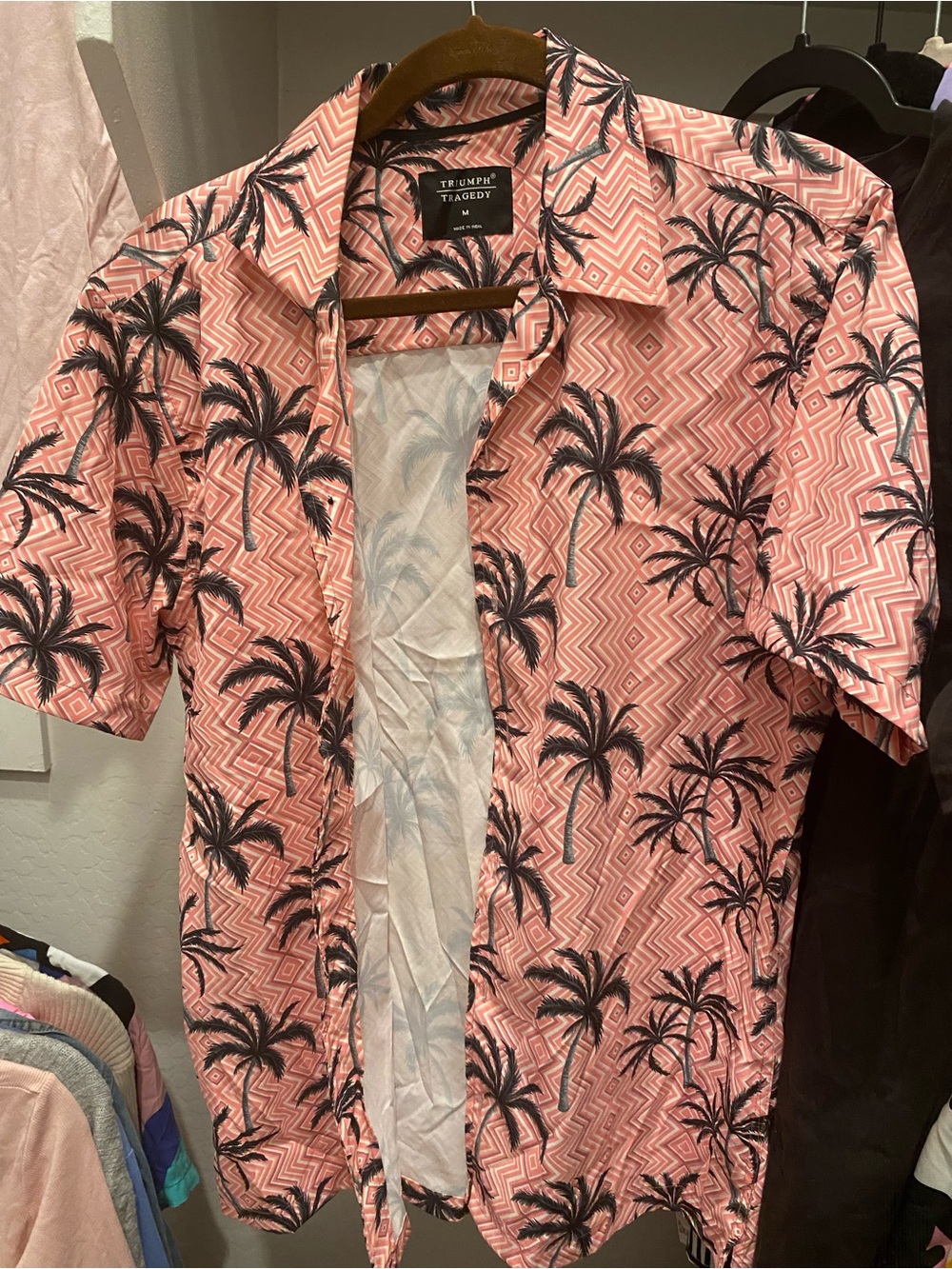 Triumph Pink Palm Tree Print Casual Button Down Shirt